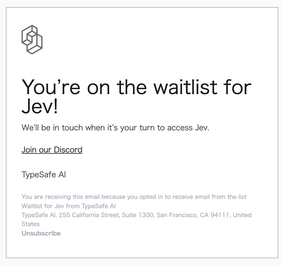 Jevのウェイトリスト登録完了メール